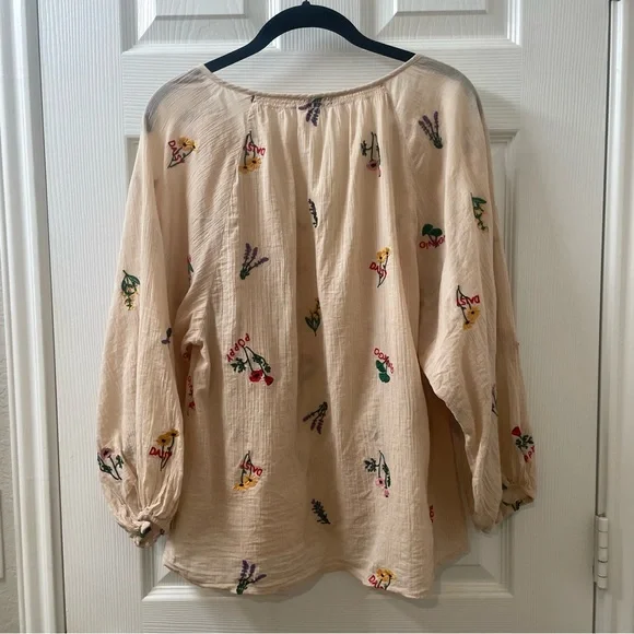 SALE! Madewell Botanical Embroidered Gauzy Cotton Tie-Neck Peasant Top Small - Picture 6 of 11
